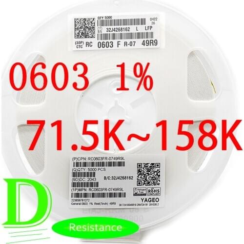 100PCS SMD Resistor RC Series 0603 1% RC0603FR-07 Series 71.5K-158K All resistors 75K 82K 91K 100K 110K 120K 130K 150K
