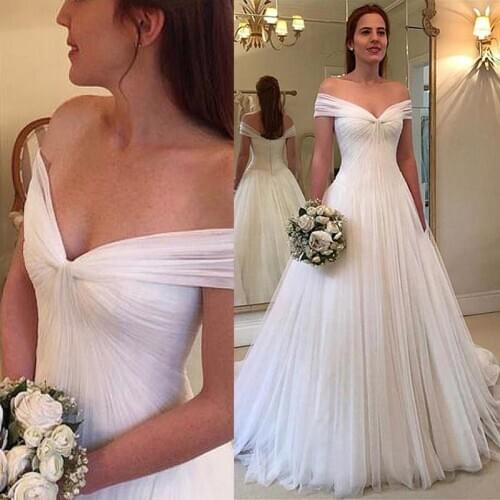 White Custom Made Off the shoulder Neckline Bride Gowns A-line Wedding Dresses With Pleats Tulle Bridal Dress Vestido De Noiva