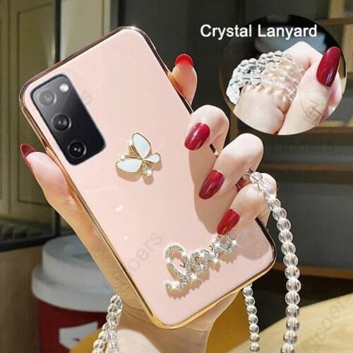 Case For Samsung Galaxy S21 Plus Note 20 Ultra S20 FE 10 Lite S10 A51 3D Bowknot Pattern Diamond Crystal Lanyard Plating Cover