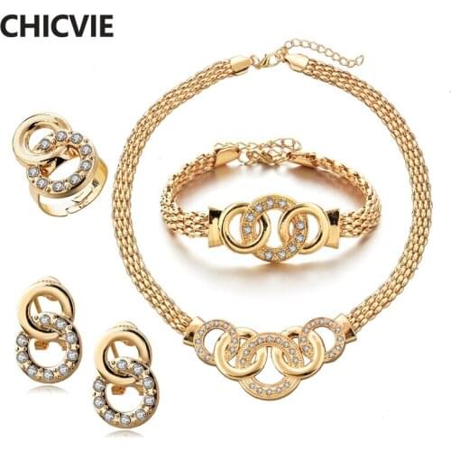 CHICVIE Gold Bride Suit Necklace Earrings Bracelet Rings Set Wedding Crystal Jewelry Sets For Women Silver Jewelry Set SET190011