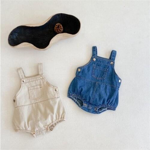 Baby Girls Boys Unisex Sleeveless Pocket Romper Denim Romper Solid Color Jumpsuits Overalls Infant Baby Summer Clothing Outfits