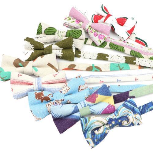 School Children Good Quality Linen Bowtie Cartoon Cat Bear Floral Butterfly For Kids Girl Boy Wedding Party Adjustable Bow Tie