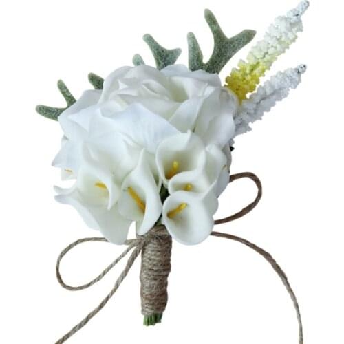 Artificial Calla Lily Boutonniere Groom Groomsman Wedding Flower Corsage Brooch Pin Cute Antlers Decor Party Prom Suit Decor