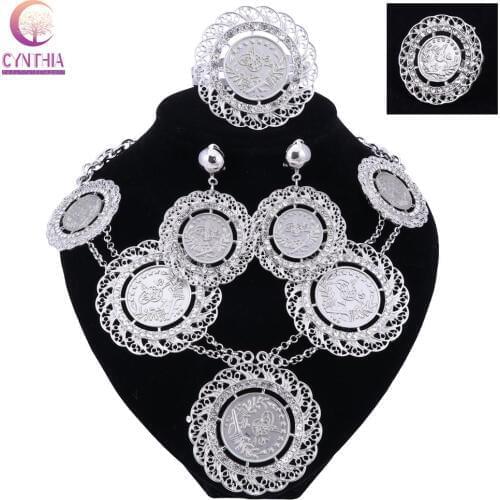 Italian Dubai Abaya Long Jewelry Sets silver plated Coins Women African Gold color Crystal Wedding Costume Necklace Earrings Set