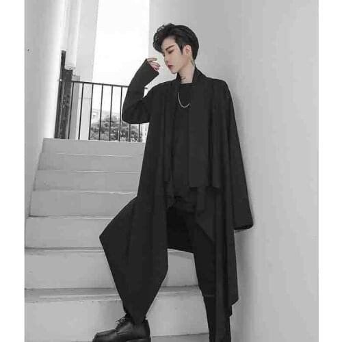 Mens cardigan spring and autumn long loose windbreaker mens casual coat shawl youth trend black large size