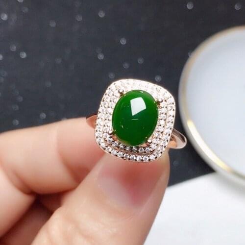 Classic Silver Jade Ring 8mm*10mm Natural Green Jade Silver Ring for Party 925 Sterling Silver Jade Jewelry