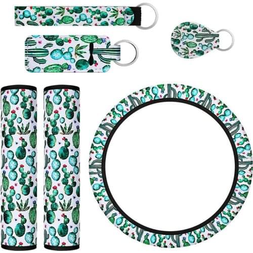 6 Pieces Steering Wheel Cover Cactus Auto Parts Set Cactus Key Ring Seat Belt Shoulder Pads Car Interior Decoration Supplies