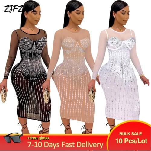 Bulk Items Wholesale Lots Rhinestone Mesh See Through Women Dress O-neck Long Sleeve Bodycon Mid Calf Robe Club Party Outfits