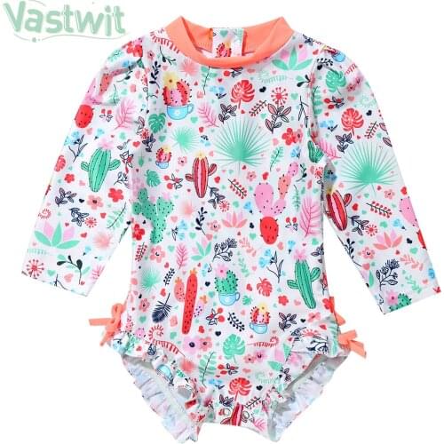 Newborn Infant Baby Girls Kid Swimsuits Long Sleeve Floral Printed Ruffles One-Piece Swimwear Beachwear Bathing Suit Rash Guard