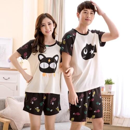 Summer Pyjama Loose Men Style Couple Pijama Set Short-sleeved Sleepwear Top+ shorts Young Lovers Pajamas Sets Women Nightwear