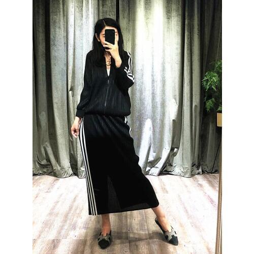 HOT SELLING Miyake fold the clothes striped suit fold long sleeve zipper coat + wide-legged skirt IN STOCK