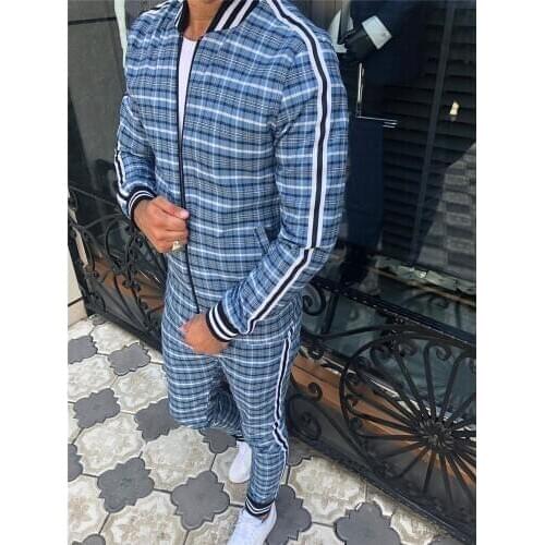 Men Set Tracksuit Street Men' 3D Plaid Sports Gentlemen Sets Jacket Fashi Trend Fashion Stand-up Collar Zipper Sportswear Suit