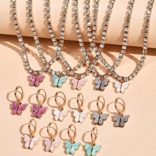 Handmade Butterfly Bohemian Necklaces Earrings Set Personality Full Crystal Chains Gold Clavicle Butterfly Pendant Women Jewelry