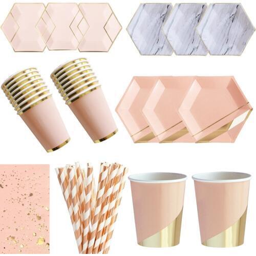 Pink Rose Gold Party Disposable Tableware Paper Plate Cups Straws Napkins Kids Birthday Baby Shower Party Wedding Decor Supplies