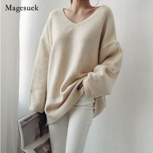 2021 Autumn Winter Plus Size Loose V-neck Sweater Women Age-reducing Long-sleeve Sweater Solid Tops Simple Bottom Knitwear 15919
