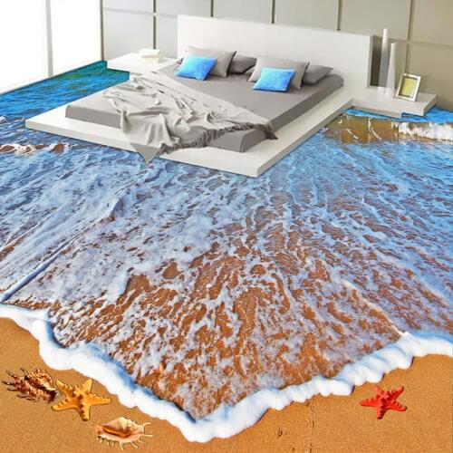 PVC Self Adhesive Waterproof 3D Floor Tiles Wall Paper Sticker Modern Bathroom Living Room Beach Sea Wave Photo Murals Wallpaper