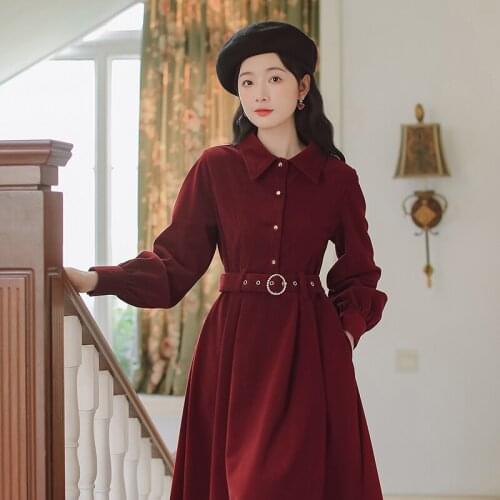 Corduroy Long Sleeved Dress 2021 Spring and Autumn Pure Color Simple Retro Lapel Chic Casual Temperament Dress Korean Send Belt