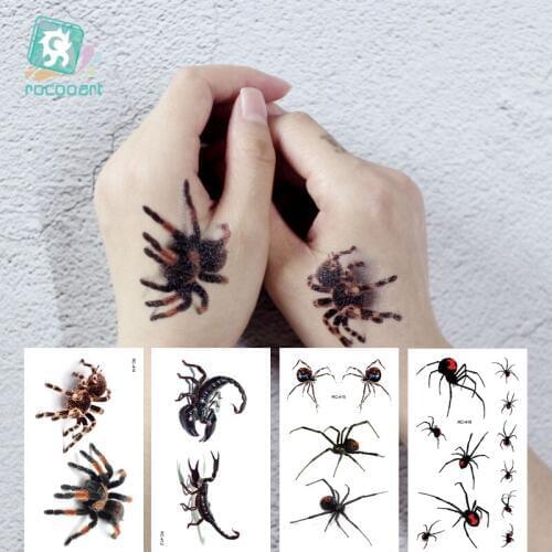 Rocooart 3D Spider Tatoo Scorpion Temporary Tattoo Stickers For Halloween Fake Tattoo Body Art Tatuajes Joke Tatouage Temporaire