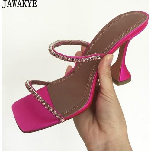 New Arrival Crystal Runway Slippers Women Square Toe Party Wedding Sandals Narrow Band Diamond Strange Heel Summer Slides Woman