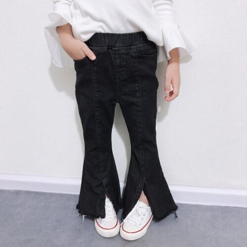 ANKRT Autumn and 2020winter new Korean girls' black elastic flared pants split mid waist jeans childrens versatile pants