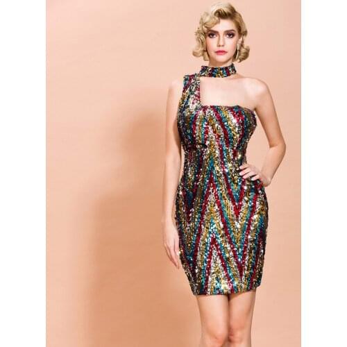 BE HYGGE Women Sexy Irregular Neck Off Shoulder Multi Color Sequin New Dresses Female Backless Bodycon Mini Dress