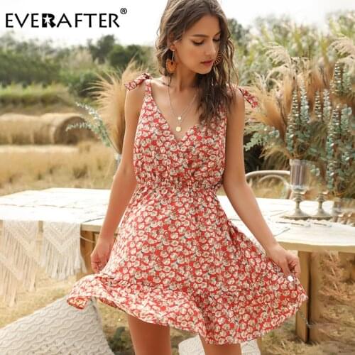 EVERAFTER Fashion Ruffle Strap Floral Print Dress Women Backless Lace-up High Waist Chiffon Holiday Beach Summer Short Dresses
