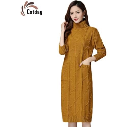 Cotday Winter Warm Knitting Turtleneck Diamond Wear Knitted Yellow Clothes High Collar Long Women For The Winter Sweaters Dress