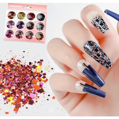 12pcs /set Nail Laser Polygon Sequins Luminous Manicure Gel Sequins Laser Flower DIY Accessories Nail Set