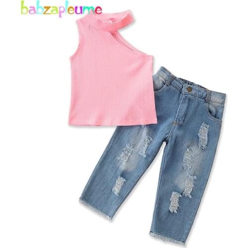2Piece Summer Style Toddler Outfits Children Clothes Fashion Sleeveless Cotton T-shirt+Hole Jeans Baby Girls Clothing Set BC2059