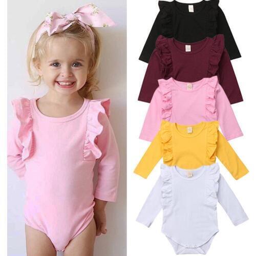 2018 Newborn Baby Girl Ruffle Long Sleeve Solid Bodysuit Jumpsuit Outfits Clothes Summer Spring Cotton