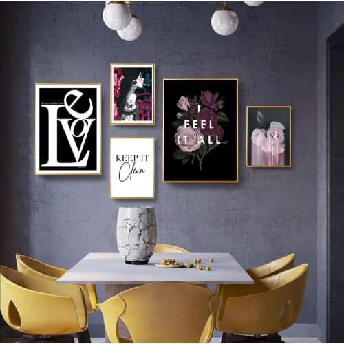 Abstract Black Wall Art Canvas Painting Letter Flower Modern Girl Lip Posters And Prints Wall Pictures For Living Room Decor