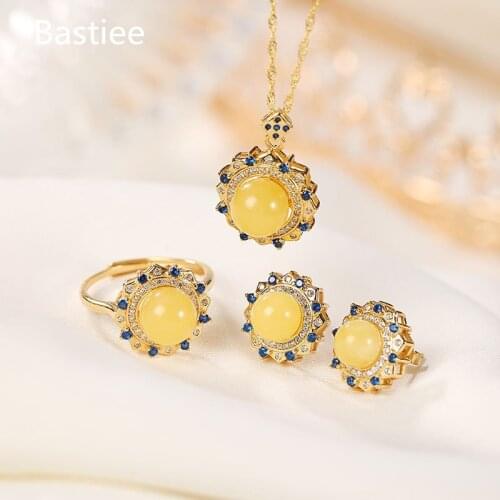 Bastiee Yellow Amber Round Beads Zircon Silver 925 Jewelry Sets For Women Ring Necklace Pendant Stud Earrings Gift Golden Plated