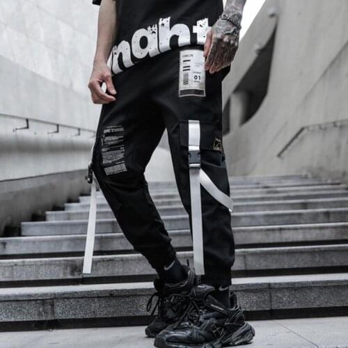 Mens hip hop cargo pants ribbons pockets patchwork joggers male vintage streetwear trousers slim casual pants for man
