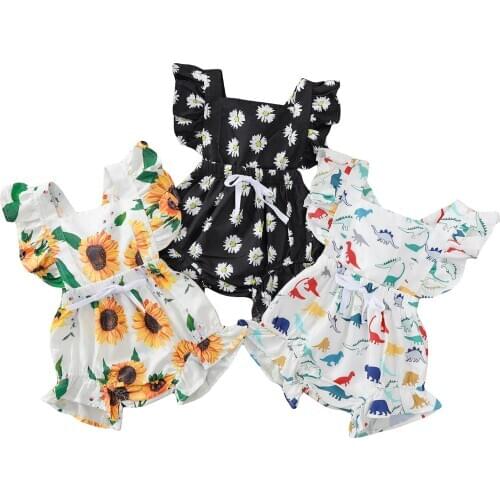 Citgeett Summer Infant Baby Girls Boys Casual Ruffles Sleeve Bodysuit Cartoon Sunflower Jumpsuit Clothes