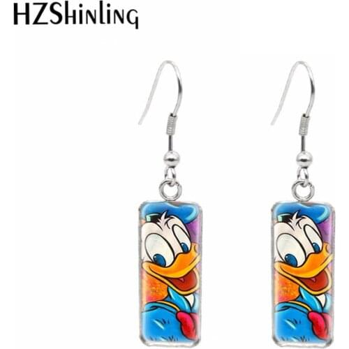 Donald Duck Cartoon Earrings Rectangle Hook Dangle Drop Earrings Glass Cabochon Ear Jewelry