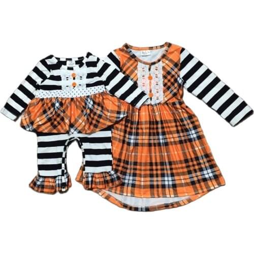 Girlymax Fall Winter Baby Girl Orange Plaid Stripe Dress Infant Baby Romper Sister Clothes