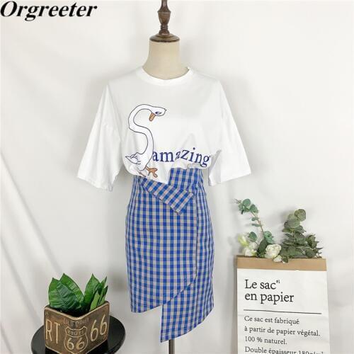 Summer New Cartoon dumb goose Printed Short-sleeved Loose T-shirt Female Irregular Plaid Skirt Two-piece Student casual suit
