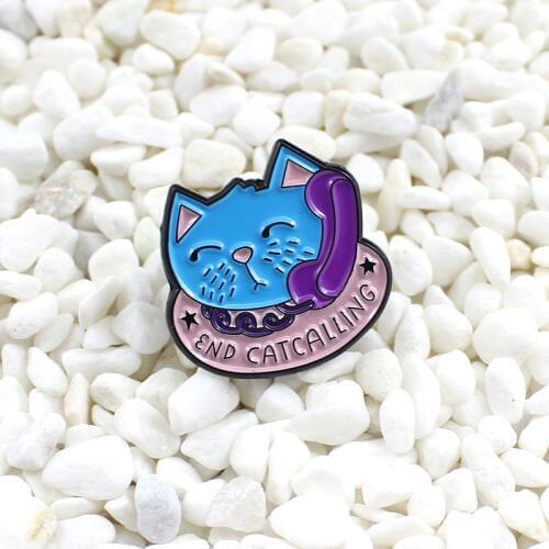 Cute blue cat is making a call Cartoon Enamel brooch END CATCALLING Cute animal cat badge Denim leather backpack pin