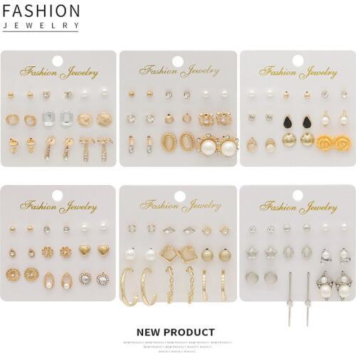 Europe and the United States cross-border hot sale inlaid crystal opal flower pearl earrings trend punk multi-set earrings