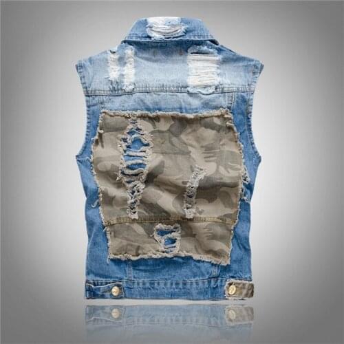 Fashion Mes Camo Patchwork Sleeveless Denim Jacket Moto Biker Hole Ripped Vest Slim Fit Waistcoat High Street Cowboy Outwear Top
