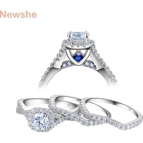 Newshe 3 Pcs Wedding Rings for Women Solid 925 Sterling Silver 1.3 Ct AAA CZ Blue Crystal Engagement Ring Set Trendy Jewelry