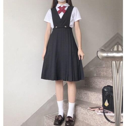 Womens New Japanese Style Fashion Sweet Loose Bow Shirt + Student Nursing Skirt Strap Dress School Girl Uniform Jk Uniform 2021