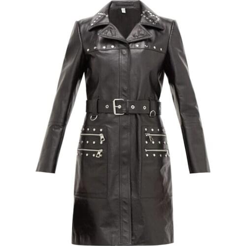 Spring women'coat Long genuine leather jacket sashes 2021 new brand lambskin coats with rivet turn-down collar streetwear