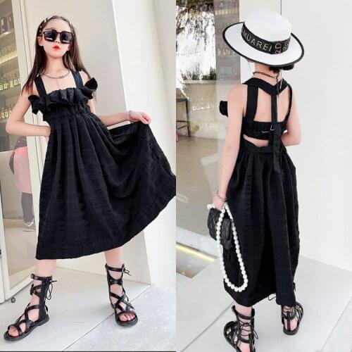 Girls Halter Dress 2021 Summer New French Retro Young Girls Holiday Suspender Dress Kids Ruffled Loose Long Dress