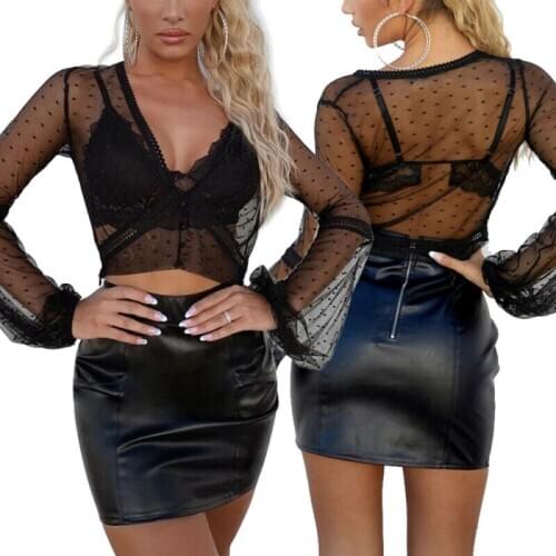 Sexy Ladies See-through Lace Bell Sleeve Crop Tops Women Deep V Neck Dot Shirts Beach Cover Up