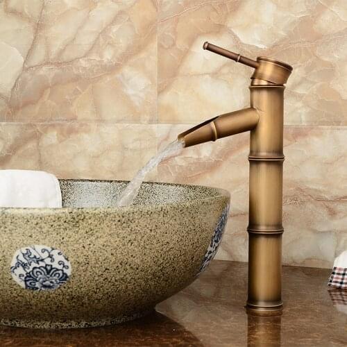 Basin Faucet Antique Brass Bamboo Shape Faucet Antique Bronze Finish Copper Sink Faucet Single Handle Hot and Cold Water Tap
