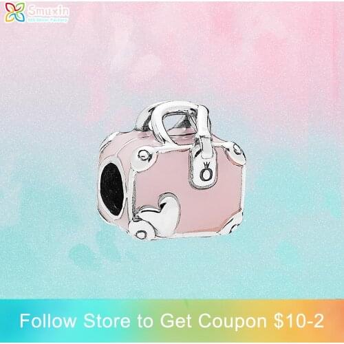 Smuxin 925 Sterling Silver Beads Pink Travel Bag Charms fit Original Pandora Bracelets Women Jewelry Making Girl Birthday Gift