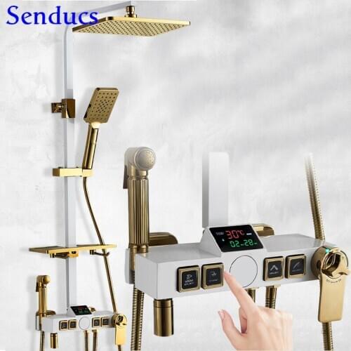 Bathroom Shower System Senducs Brass Bathtub Faucet 10 Inch Rainfall Shower Head White Gold Digital Thermostatic Shower Set