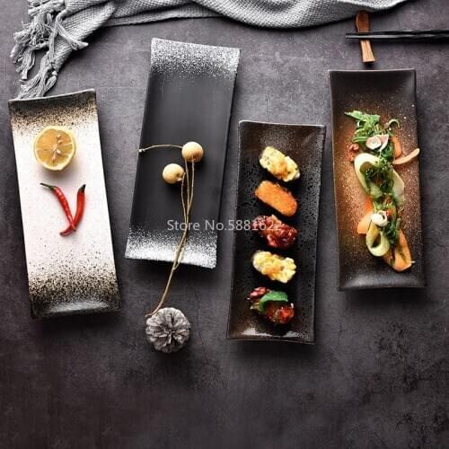 Japanese Ceramic Sushi Rectangular Plate Household Retro Creative Dim Sum Plate Dish Plate Japanese Food Snack Plate