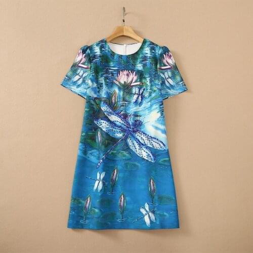 European and American womens wear for summer 2021 Short sleeved nail beads sequins dragonfly lotus print Fashion dress